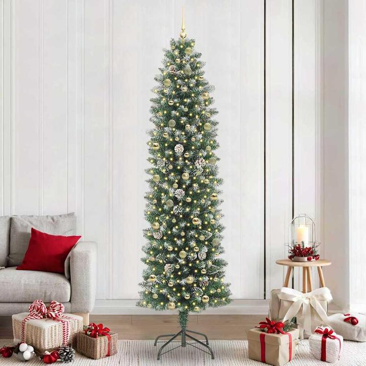 vidaXL Kunstmatige slanke kerstboom met 300 LED Groen en wit, Diversen, Kerst, Nieuw, Verzenden