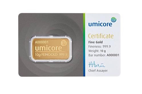 Umicore Goudbaar 10 gram met certificaat | Goudonline, Postzegels en Munten, Edelmetalen en Baren, Goud