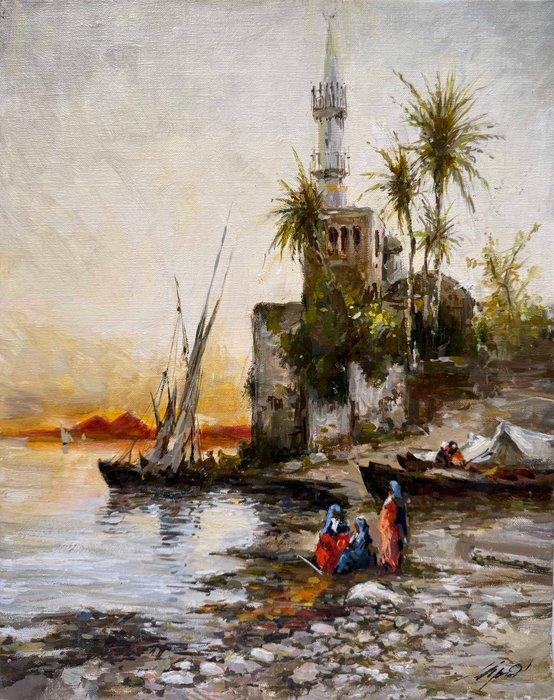 Mikhail Kraiev (1957) - Au Bord du Nil - Orientaliste, Antiek en Kunst, Kunst | Schilderijen | Klassiek