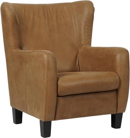 Bruine leren landelijke oorfauteuil - poot hout zwart - Keni, Huis en Inrichting, Fauteuils, 75 tot 100 cm, 75 tot 100 cm, Nieuw