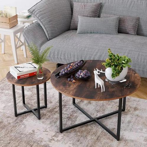 2-delige Salontafel Set – Vintage Donker Houten Bijzettafels, Huis en Inrichting, Tafels | Salontafels, 50 tot 100 cm, Nieuw, Metaal