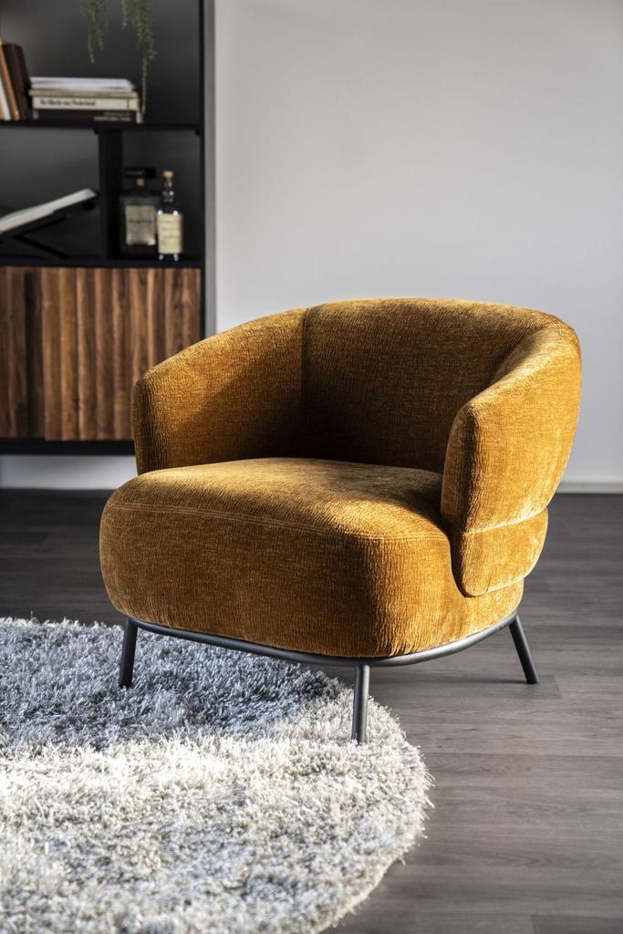 Fauteuil Eleonora DAVID Mosterd *NIEUW*, Huis en Inrichting, Fauteuils, 75 tot 100 cm, 75 tot 100 cm, Nieuw, Metaal, Stof, Ophalen of Verzenden