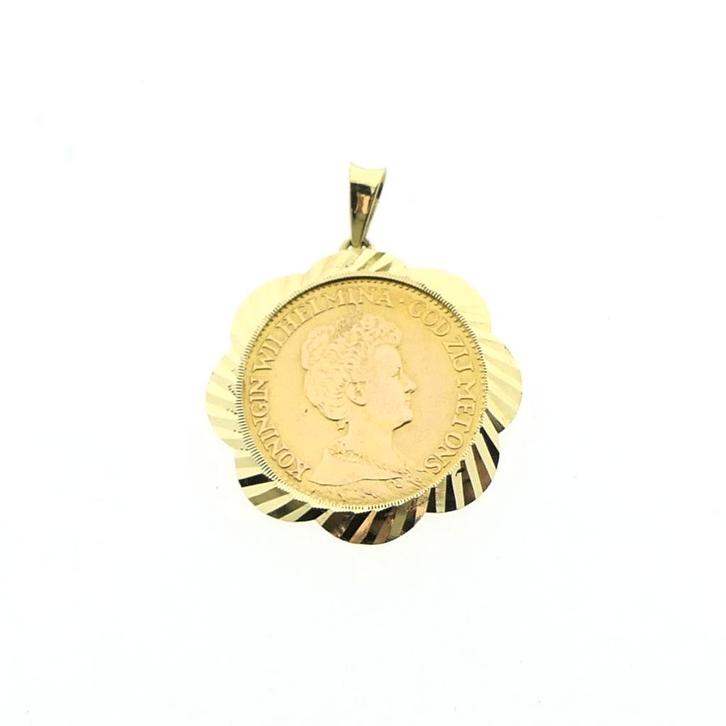 Gouden hanger van 10 gulden munt Koningin Wilhelmina 1913, Sieraden, Tassen en Uiterlijk, Bedels, Gebruikt, Overige merken, Goud