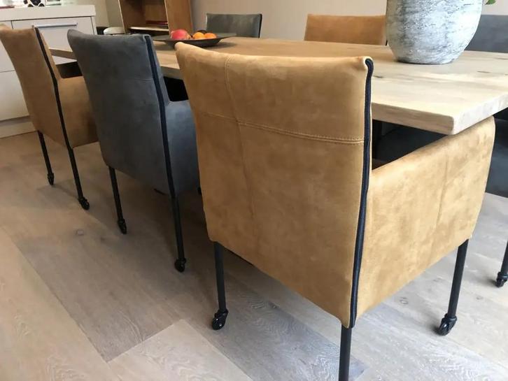 Set van 6 leren kuip eetkamerstoelen met wieltjes - Grijs, Huis en Inrichting, Stoelen, Nieuw, Leer, Ophalen of Verzenden