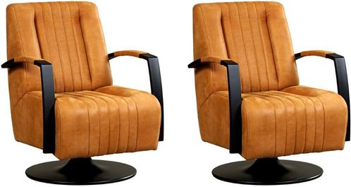 Cognac leren industriële draaifauteuils - staal zwart frame, Huis en Inrichting, Fauteuils, 50 tot 75 cm, 75 tot 100 cm, Nieuw