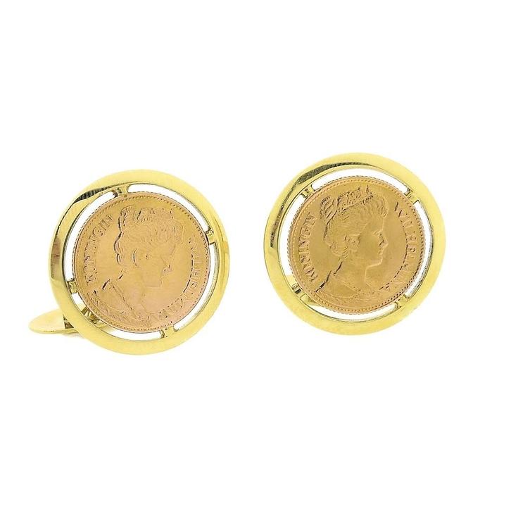 Gouden manchetknopen met 5 gulden munt Koningin Wilhelmin..., Sieraden, Tassen en Uiterlijk, Manchetknopen, Gebruikt, Goud, Ophalen of Verzenden