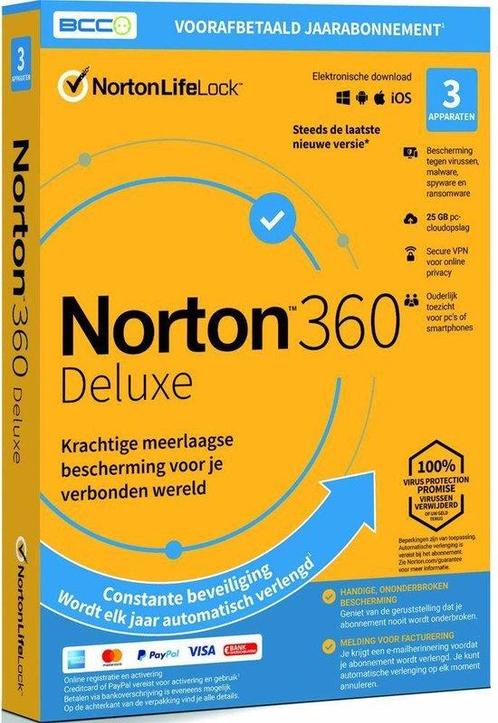 Norton antivirus 360 Deluxe 25GB - 1 jaarlicentie - 3 device, Computers en Software, Routers en Modems, Nieuw, Verzenden