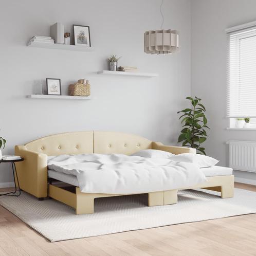 vidaXL Slaapbank met onderschuifbed 90x200 cm stof, Huis en Inrichting, Slaapkamer | Bedden, 90 cm, 200 cm, Crème, Eenpersoons