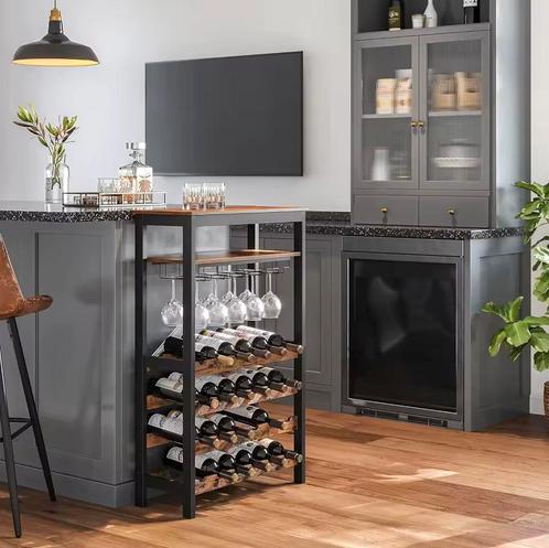 Industrieel Wijnrek Voor 24 Wijnflessen Met Glazenhouder, Huis en Inrichting, Woonaccessoires | Wijnrekken, Nieuw, Hout, 75 cm of meer