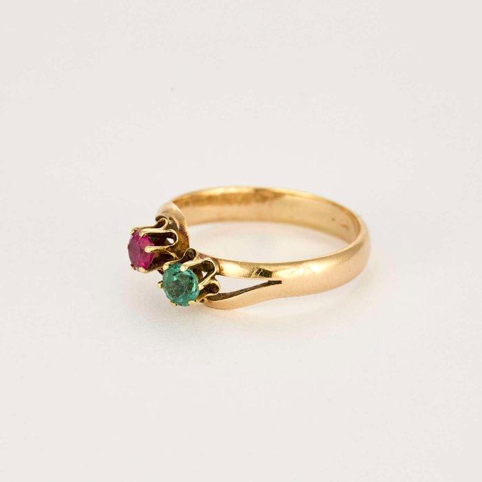 Ring - 14 karaat Geel goud - 1.00ct. tw. Robijn - Smaragd, Sieraden, Tassen en Uiterlijk, Ringen