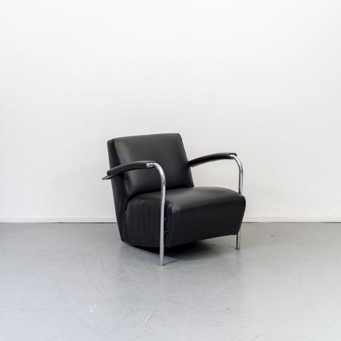 2x Leolux Scylla Fauteuil Laag Zwart Leder - Chroom, Huis en Inrichting, Fauteuils, 75 tot 100 cm, Zo goed als nieuw, 50 tot 75 cm