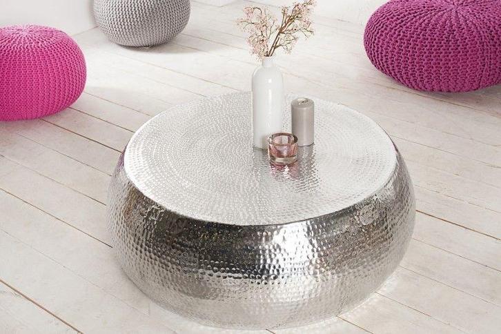 Ronde salontafel ORIENT 80cm zilver metaal aluminium, Huis en Inrichting, Tafels | Sidetables, Ophalen of Verzenden
