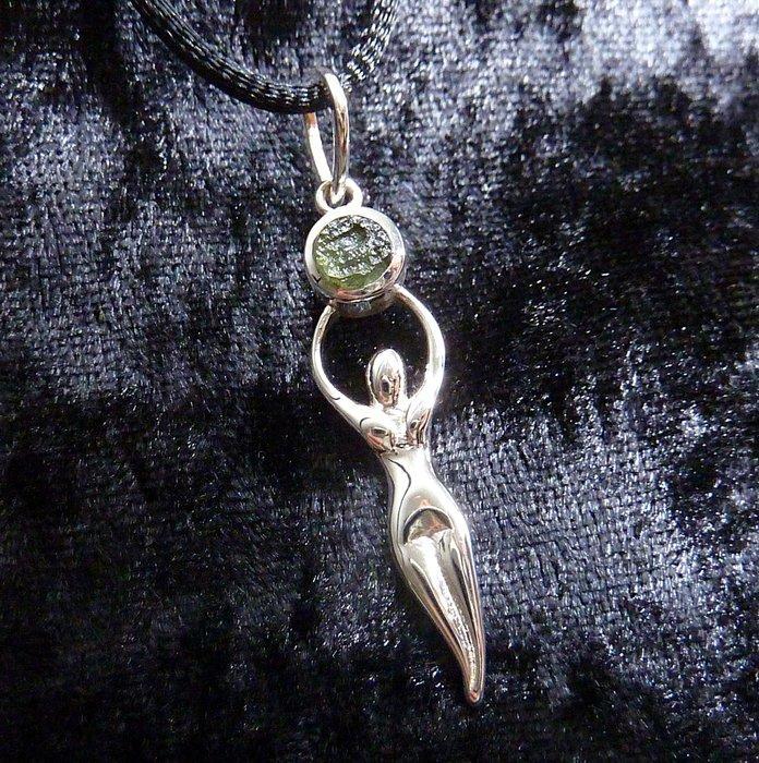 Zilver - Hanger - Moldavite - Godin, Verzamelen, Mineralen en Fossielen