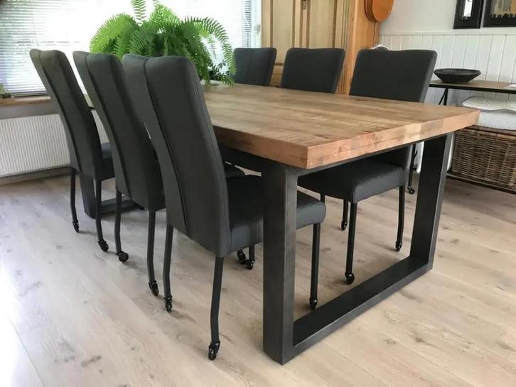 Set van 6 grijze leren eetkamerstoelen met wieltjes en hoge, Huis en Inrichting, Stoelen, Nieuw, Leer, Ophalen of Verzenden