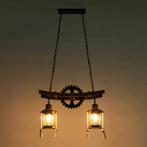 Vintage hanglamp 2 lichts hout metaal E27, Verzenden, Nieuw