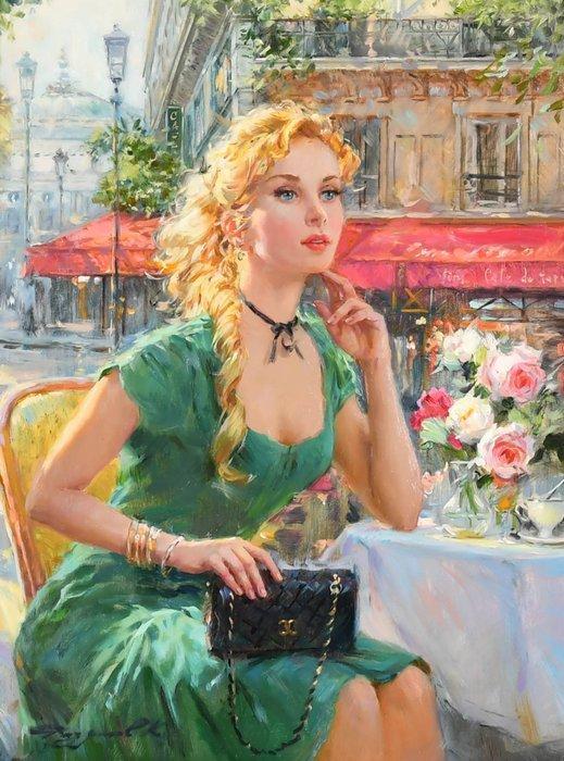 Konstantin Razumov (1974) - At a Cafe on the Big Boulevard, Antiek en Kunst, Kunst | Schilderijen | Klassiek