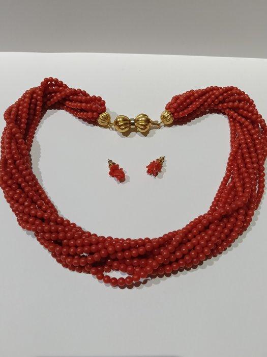 2-delige sieradenset - 18 karaat Geel goud Bloedkoraal -, Sieraden, Tassen en Uiterlijk, Antieke sieraden