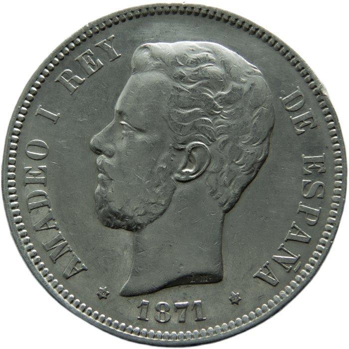 Spanje. Amadeo I. 5 Pesetas 1871 *71* SDM (Zonder, Postzegels en Munten, Munten | Europa | Niet-Euromunten
