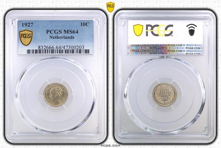 Koningin Wilhelmina 10 cent 1927 MS64 PCGS gecertificeerd, Postzegels en Munten, Munten | Nederland, Losse munt, 10 cent, Koningin Wilhelmina