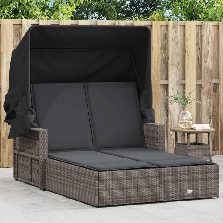 vidaXL Ligbed 2-persoons met luifel en kussens poly rattan, Tuin en Terras, Ligbedden, Nieuw, Verzenden