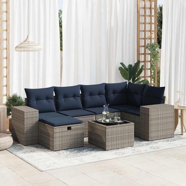 vidaXL 7-delige Loungeset met kussens poly rattan grijs, Tuin en Terras, Tuinsets en Loungesets, Loungeset, Nieuw, 7 zitplaatsen