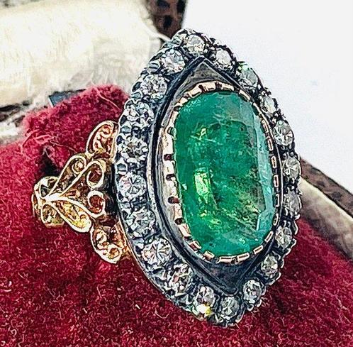 Ring - 18 karaat Geel goud, Zilver Smaragd - Diamant, Sieraden, Tassen en Uiterlijk, Ringen