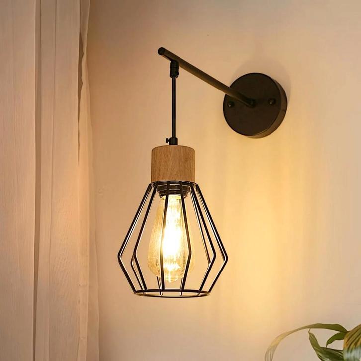 Industriële Wandlamp Metaal en Hout E27, Huis en Inrichting, Lampen | Wandlampen, Nieuw, Verzenden