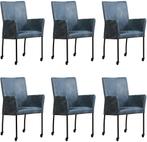 Set van 6 Blauwe leren moderne eetkamerstoelen - Kenia Leer, Overige kleuren, Nieuw, Leer, Ophalen of Verzenden