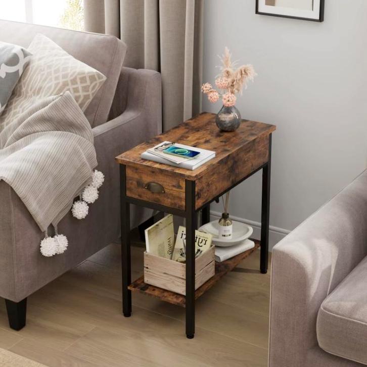 Retro Bijzettafel met Lade en Stoffen Zijvak – Industrieel, Huis en Inrichting, Tafels | Bijzettafels, 60 cm of meer, 55 tot 75 cm