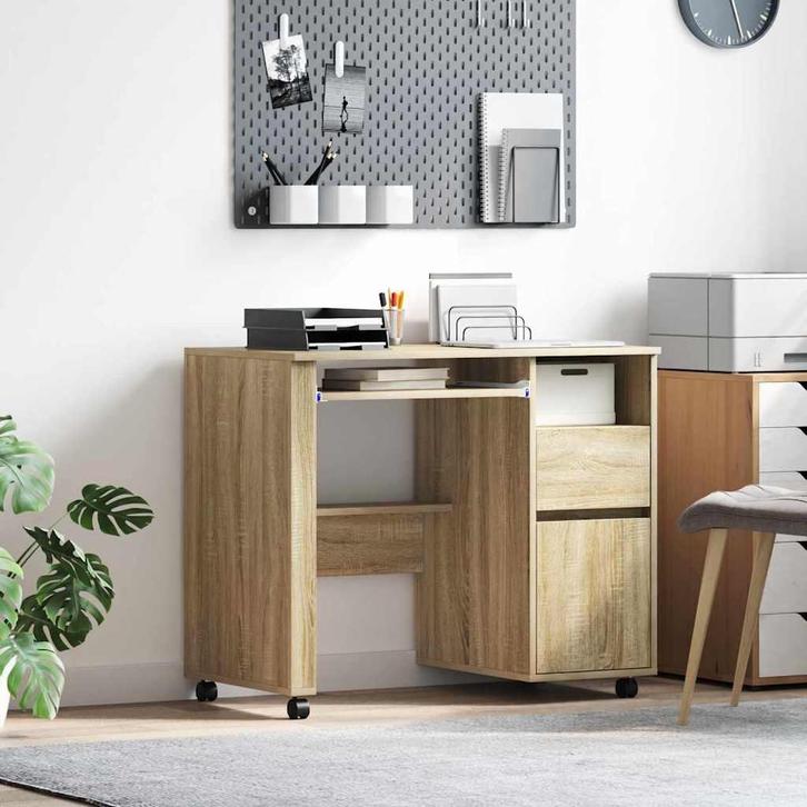 vidaXL Bureau met Wielen Sonoma eiken 91 x 50 x 77 cm, Huis en Inrichting, Bureaus, Nieuw, Verzenden