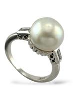 Ring Platina ring met een grote parel en twee omringende, Sieraden, Tassen en Uiterlijk, Ringen, Nieuw