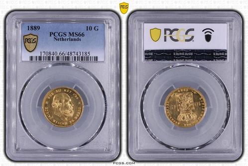 Gouden Willem III 10 gulden 1889 MS66 PCGS gecertificeerd, Postzegels en Munten, Munten | Nederland, Losse munt, Goud, Verzenden