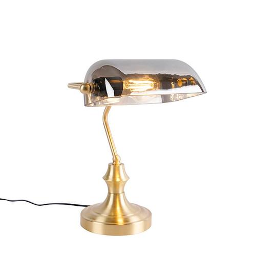 Klassieke notarislamp goud met gerookt spiegel glas - Banker, Huis en Inrichting, Lampen | Tafellampen, Nieuw, Glas, Minder dan 50 cm