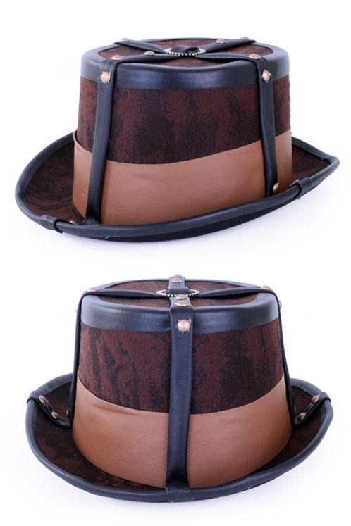 Steampunk Hoed Bruin Leatherlook Nepleer 59 60 61 Bandjes Ho, Kleding | Heren, Carnavalskleding en Feestkleding, Nieuw, Overige maten