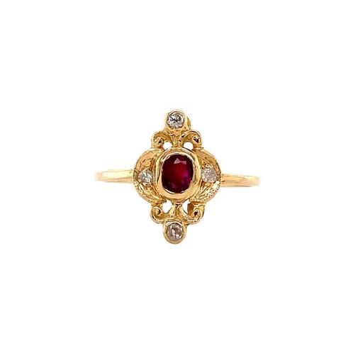 Gouden vintage ring met robijn en diamant 18 krt, Sieraden, Tassen en Uiterlijk, Ringen, Nieuw, Ophalen of Verzenden