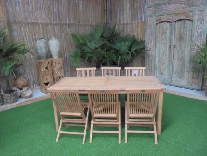 Aanbieding: Teak Tuinset Tafel + 6 Stoelen nu voor €439,-, Tuin en Terras, Tuinsets en Loungesets, Eettafel, Stoel, 6 zitplaatsen