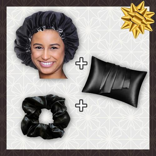 SATIN SET - Bescherm je haar & huid - Zwarte Satijnen Slaapm, Sieraden, Tassen en Uiterlijk, Uiterlijk | Haarverzorging, Nieuw