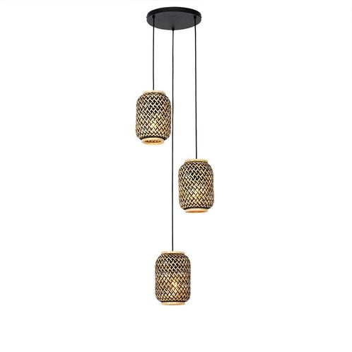Oosterse hanglamp bamboe met zwart 3-lichts - Yvonne, Huis en Inrichting, Lampen | Hanglampen, Nieuw, 75 cm of meer