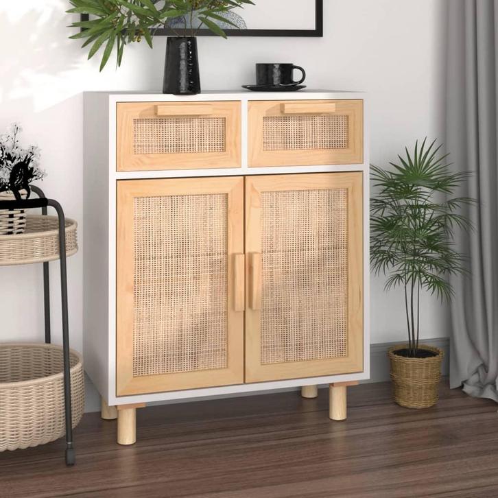 vidaXL Dressoir 60x30x75 cm massief grenenhout en rattan wit, Huis en Inrichting, Kasten | Dressoirs, 25 tot 50 cm, Nieuw, 50 tot 100 cm