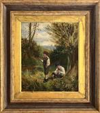 Britse school (XIX) - Two boys fishing by a riverside. - No