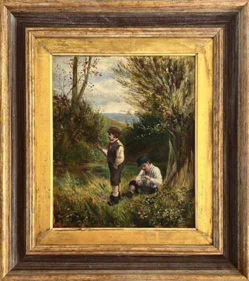 Britse school (XIX) - Two boys fishing by a riverside. - No, Antiek en Kunst, Kunst | Schilderijen | Klassiek