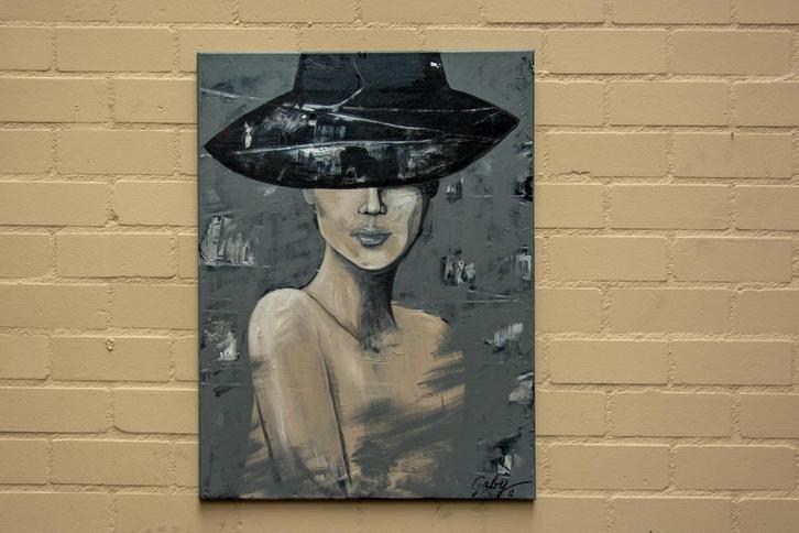 Stijlvol Portret Schilderij – De Vrouw met de Hoed, Antiek en Kunst, Antiek | Woonaccessoires, Ophalen of Verzenden