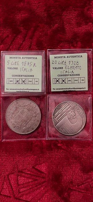 Italië. 5 Lire 1875 + 20 Lire 1928, Postzegels en Munten, Munten | Europa | Niet-Euromunten