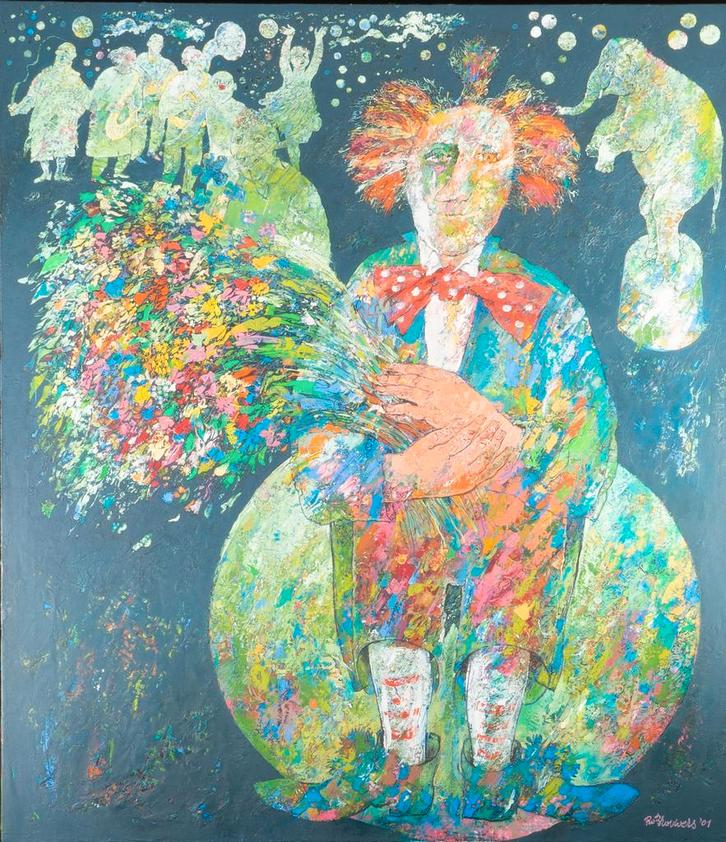 Rob Brouwers (1941-2016), ‘Clown met bloemen’ (2001), Antiek en Kunst, Kunst | Schilderijen | Modern