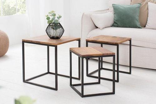 Design bijzettafel set van 3 ELEMENTS 40cm Sheesham metalen, Huis en Inrichting, Tafels | Sidetables, Ophalen of Verzenden