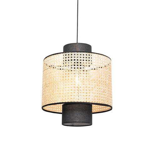 Landelijke hanglamp zwart met rotan - Kata, Huis en Inrichting, Lampen | Hanglampen, Nieuw, Overige materialen, 75 cm of meer