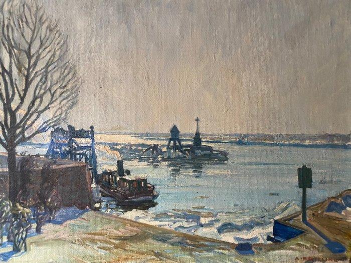 A. Frieling (XX - Boot in haven, Antiek en Kunst, Kunst | Schilderijen | Klassiek