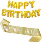 Birthday Queen set goud 2-delig met sjerp en grote slinger, Verzenden, Nieuw, Feestartikel, Verjaardag