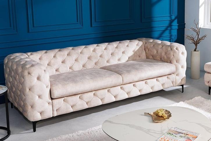 Chesterfield 3-zitsbank MODERN BAROK 235cm champagne fluweel, Huis en Inrichting, Banken | Bankstellen, Ophalen of Verzenden