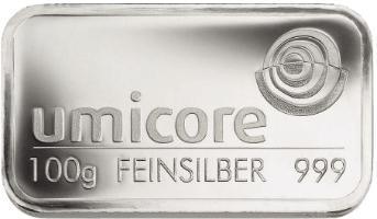 100 gram zilverbaar Umicore (in seal), Postzegels en Munten, Edelmetalen en Baren, Zilver, Verzenden